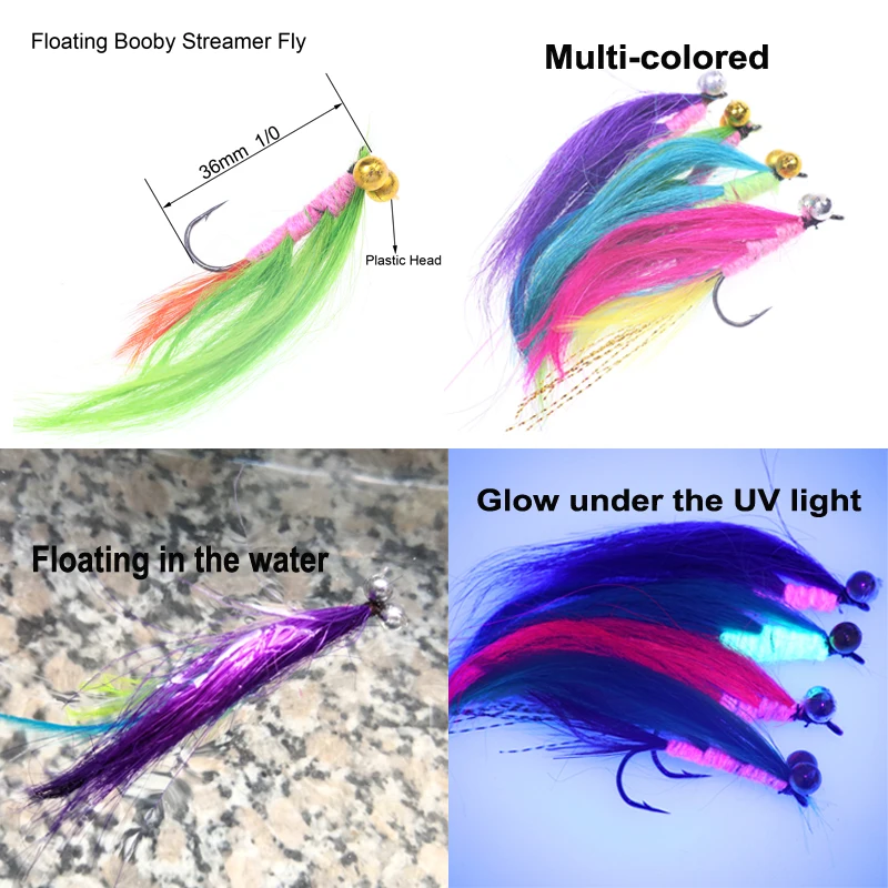 Bimoo 4/8pcs Fly Fishing Booby Fly Streamer Flies Lure for Trout Foam Head Boobie Floating Bottom Fishing Fly Bait Size 6 1/0