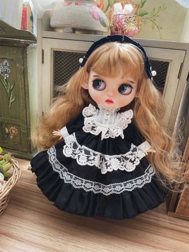 

Blyth Doll clothes dress + hair band Blyth small dress Lace doll accessories doll clothes OB24 black classic Court Retro Style