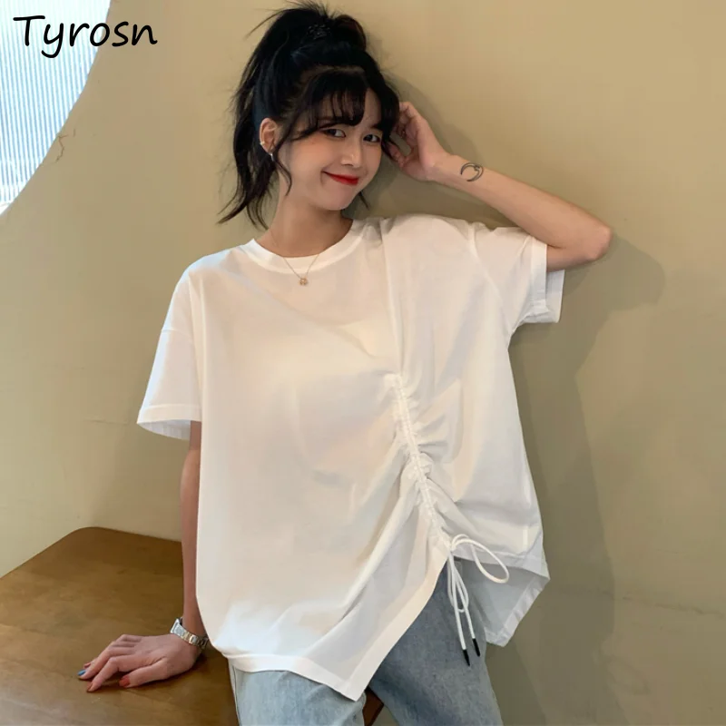 

Short Sleeve T-shirts Women Casual Elegant Designed Shirring Tender Sweet Tees Mujer Trendy Irregular Hot All-match Korean Style