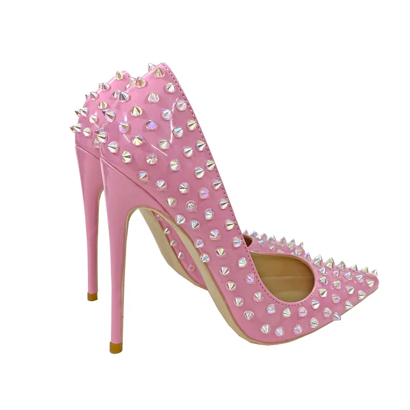 Ke Shang Jia Pink Bright Light Women Full Punk Rivets Pointed High Heels Sexy Ladies Spikes Stilettos Pumps Club Party Shoes