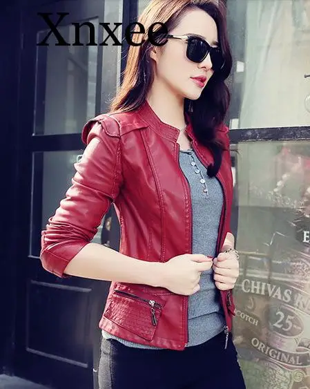 burgundy Women Pu Leather Short Slim Jacket Round Neck Zipper Coat Female Outerwear New Fashion Jacke M-2XL red slim coat moto