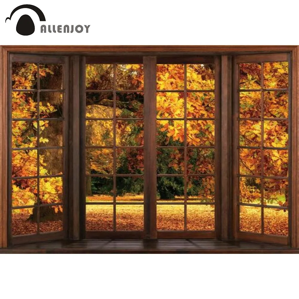 Allenjoy Autumn Falling Leaves Scenery Trees Blessing Thanksgiving Day Party Background French Windows Wood Photobooth Backdrop