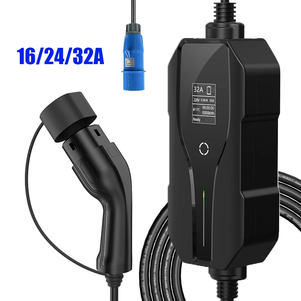 Portabe Mobile EV Charger Wallbox 32A Fast Charging IEC62196 Type 2 CEE  Electric  EVSE Auto Electrical Battery Car Charger