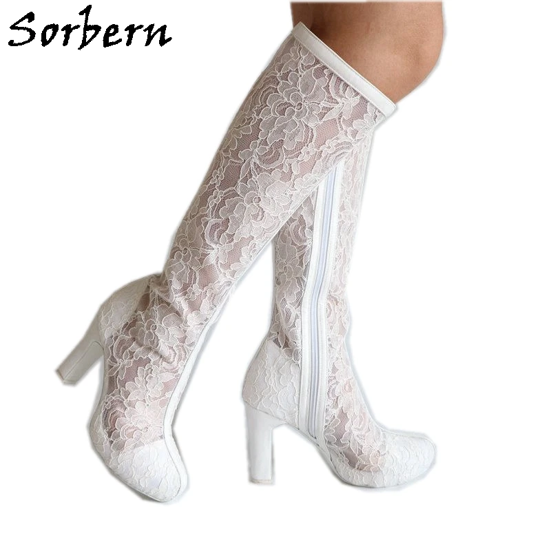 

Sorbern White Lace Bridal Boots Knee High Round Toe Stiletto Heels High Boots Long Wedding Boots Women Big Size Shoe Real Photo