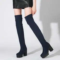 ZawsThia 2021 Winter Round Toe Chunky High Heels Platform Warm Sexy Over-The-Knee Boots Navy Blue Women Overknees Stretch Boots