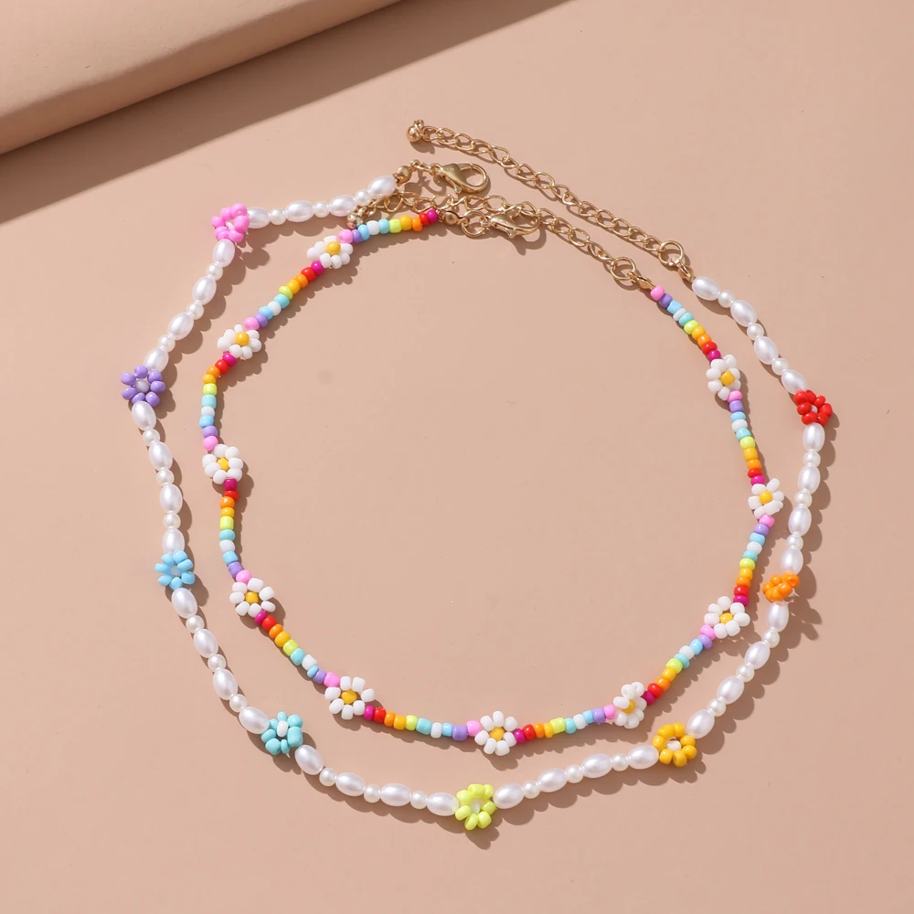 FNIO Y2K Trendy Bead Strand Beaded Choker Necklace For Women Bohemian Colorful Handmade Short Daisy Pearl Necklace Jewelry