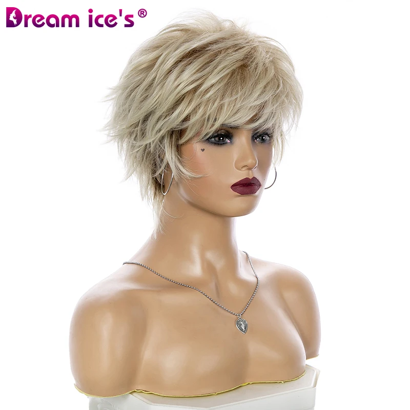 Short Mixed Light Blonde Straight Wave Synthetic Wig With Bangs For Women Natural Wavy Pixie Cut Hair Heat Resistant Cosplay Wig