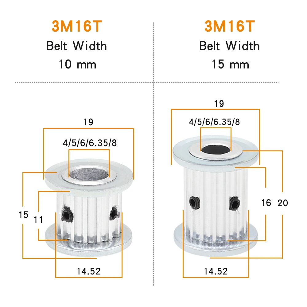 3M-16T Timing Pulley Bore 4/5/6/6.35/8 mm Alloy Belt Pulley Teeth Pitch 3.0 mm AF Shape Match With Width 10/15 mm 3M Timing Belt