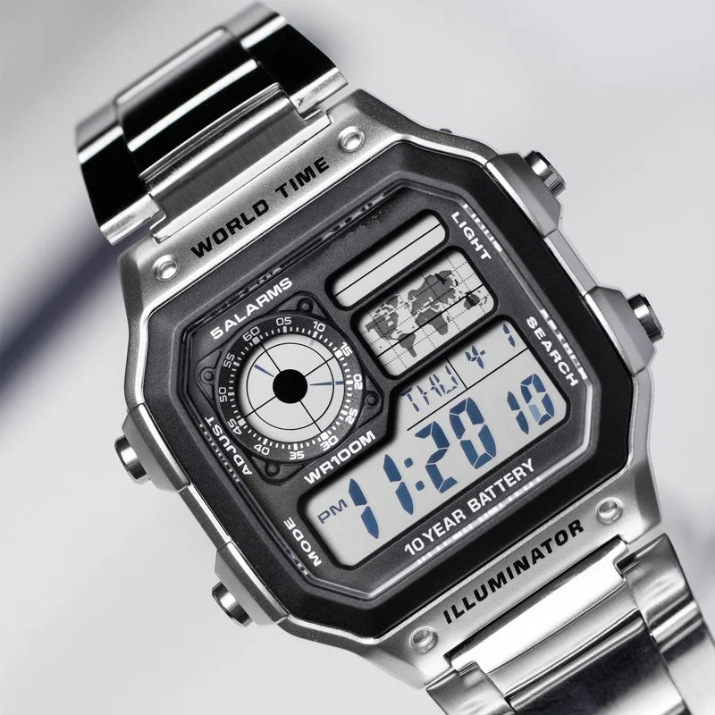 Men Watches Life Waterproof LCD Colorful Cold Light Watch Stainless Steel Digital Watch 5 Alarm Clock World Time Watches