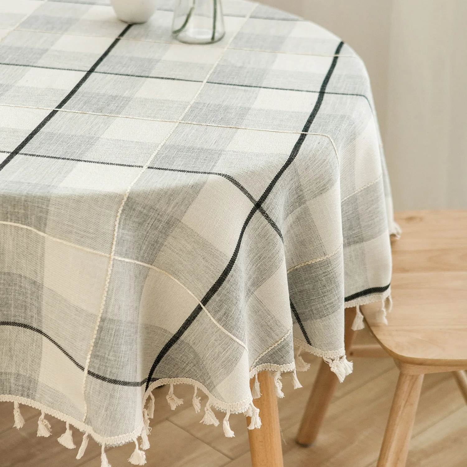 Round Tablecloth Cotton Linen Mediterranean White Blue Check Table Cloth Art Coffee Table Tassel Cover Towel For Party Kitchen