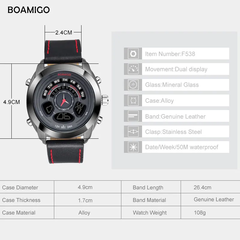 BOAMIGO Men Watch Sports Fashion Watch Waterproof Quartz Men Watch Mini Dial LED Digital Chronograph Multi Time Zone Relogio