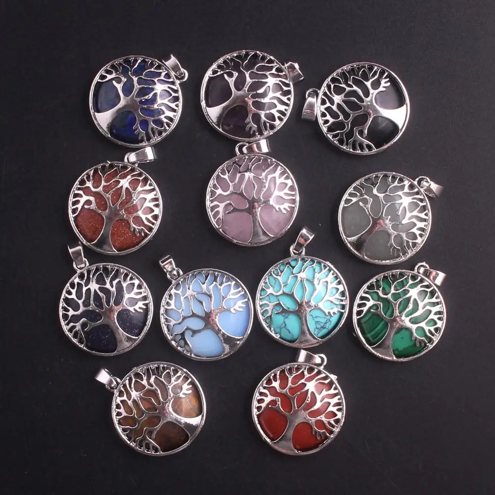 24PCS 27*27mm Agates Natural Stone Pendants Tree of Life Energy Pendant Necklace Pendulum For Girls Women Gift Jewelry Making