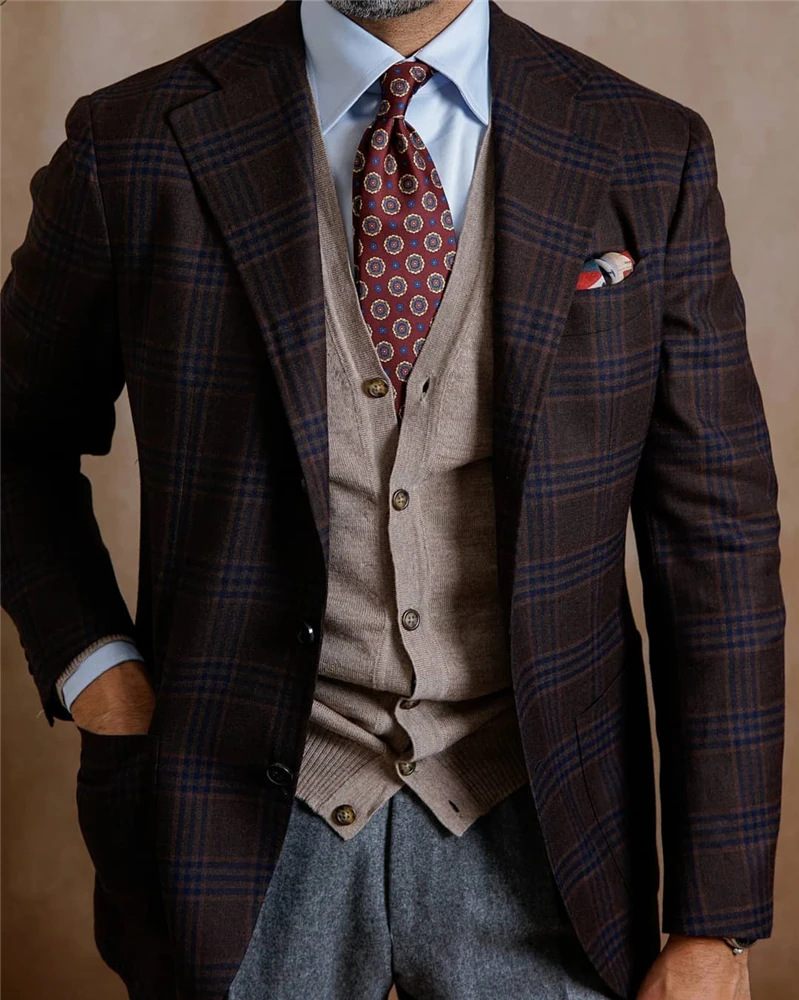 Winter Suit Jacket Plaid Woolen Smart Casual Singal Breasted Notched England Style Wram Top Thick Man