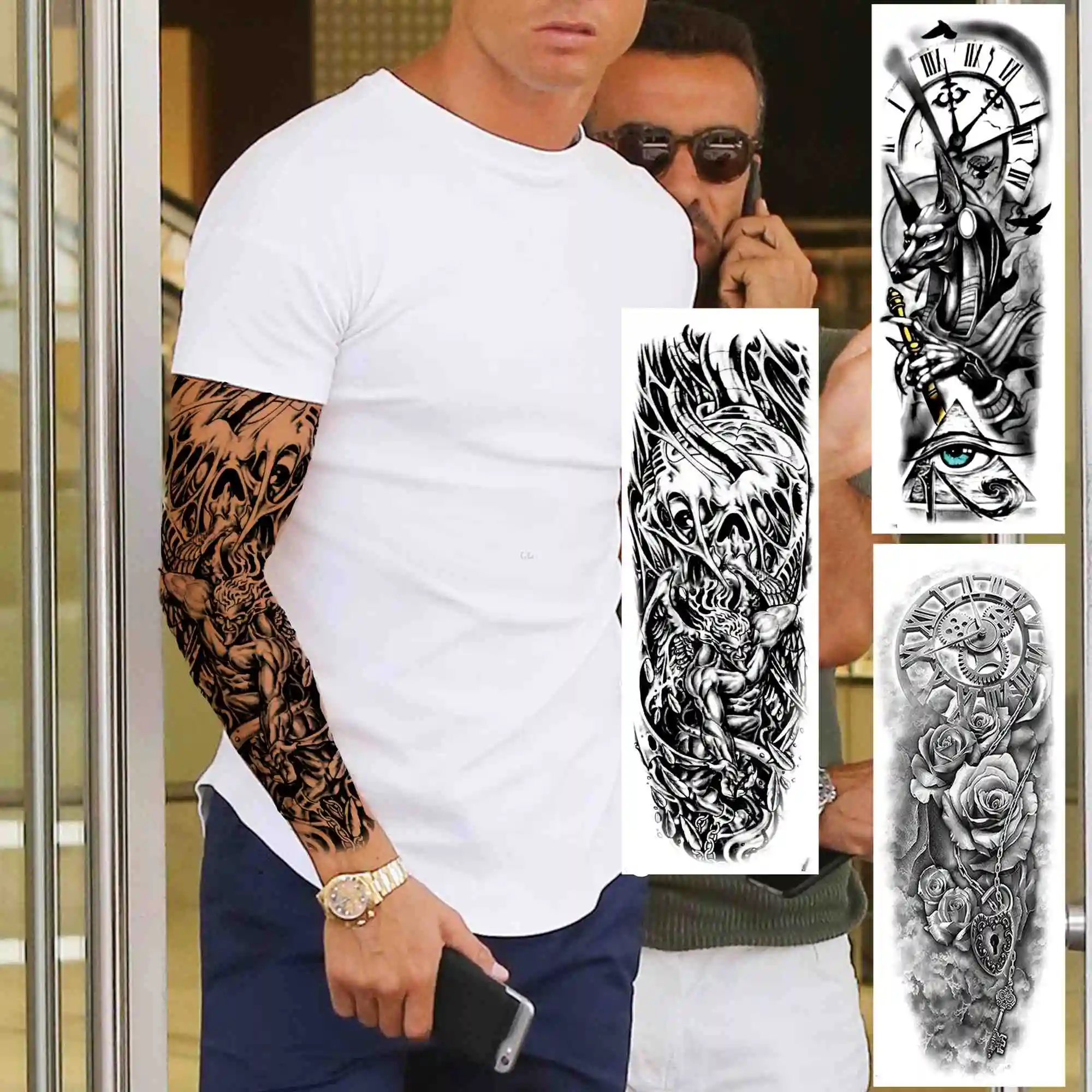 Skull Mechanical Full Arm Tattoo Sticker For Men Women Wolf Eye Temporary Tattoos Sleeves Compass Black Art Tatoo Large