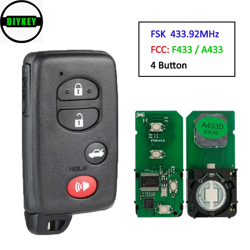 

DIYKEY Smart Remote Key 4 Button FSK 433MHz for Toyota Land Cruiser 2007-2016 Board ID: F433 / A433