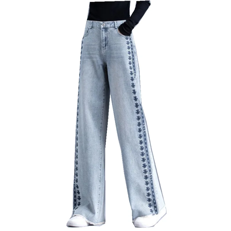 

Women's Wide Leg Pants, Embroidered Denim Jeans, High Waist, Large Trousers, Straight Pants, Female, Big Yards, Spring, Summer