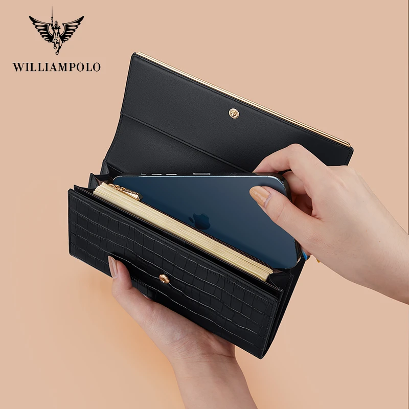 WILLIAMPOLO Women\'s Card Holder Purses  Leather Long Wallet Zip Hasp Phone Bag Money Coin Pocket Card Holder Female Wallet Purse