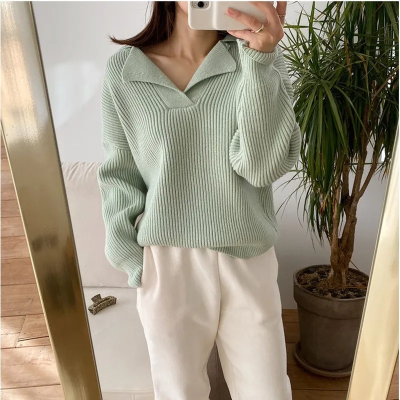 South Korea’s new female sweater autumn half-open V-lapel pullover Korean version of long-sleeved wearing loose sweater