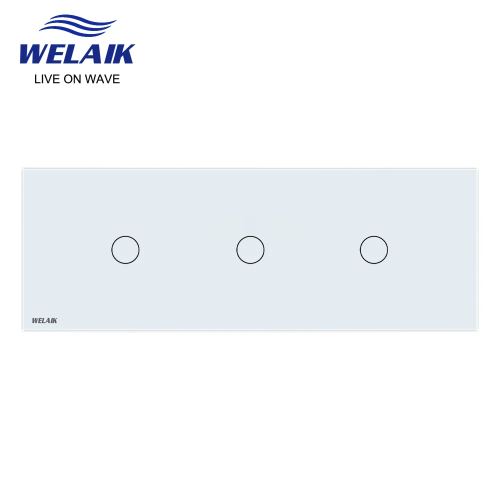 WELAIK  EU 3Frame 222*80mm 1Gang  LED Light Wall Touch Switch White Crystal Tempered Glass Panel Only DIY Parts  A39111W1