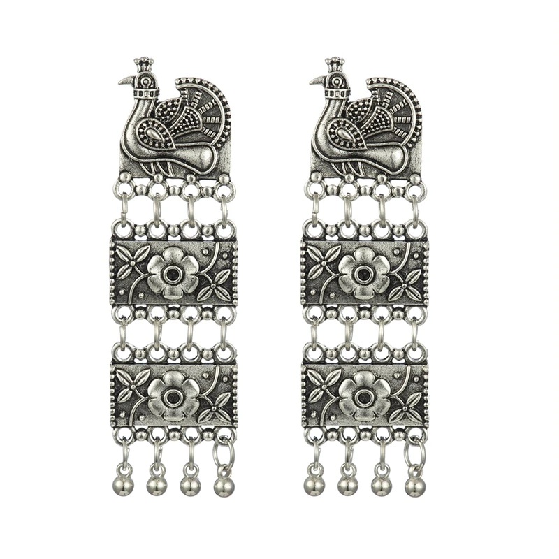 Vintage Peacock Earrings Ethnic Silver Color Three-layer Carved Indian Earrings For Women Exaggerated Tribal Jewelry Orecchini