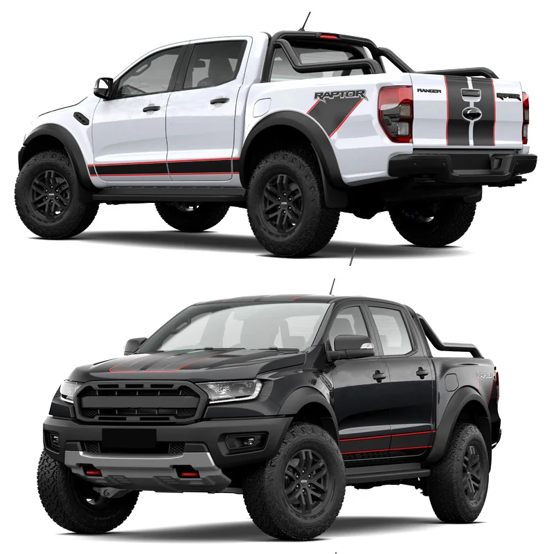 Sport Matte Black with Red Hood Stripe Sticker Body Side Waist Line Raptor Decal Vinyl Kit for Ford Ranger