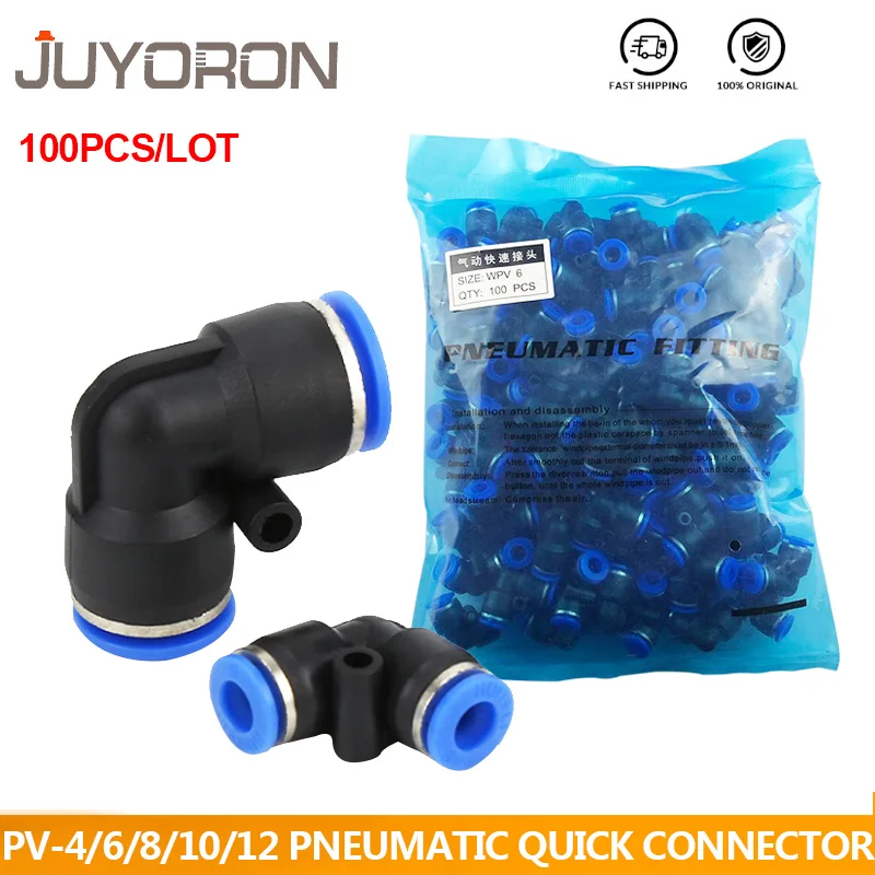 100pcs/Pack Pneumatic Fittings PV series 4 6 8 10 12MM OD L Type Flow Speed Tube Plastic Quick Air Connectors