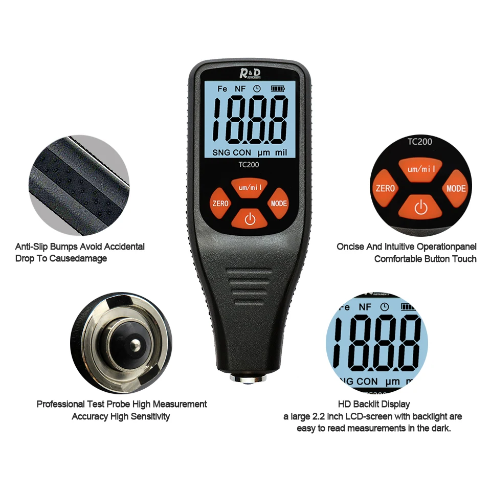 R & D TC200 قياس سمك الطلاء 0.1 ميكرون/0-1500 طلاء السيارات فيلم أداة قياس السمك قياس FE/NFE أداة الطلاء اليدوي الروسية