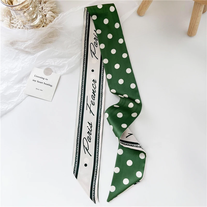 Luna&Dolphin Women Small Skinny Scarf 100x6cm Twill Satin Chiffon Silk Feeling French Dot Printing Headbands Ribbon Neckercheif