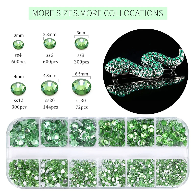 QIAO Flat Back Crystal Rhinestone 6 Sizes (1.5-6mm) with Picking Pen and Non Hotfix Rhinestones for Clothes Nail Art Decorations