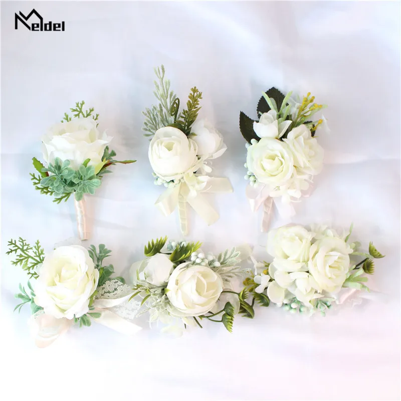 Meldel Trắng Hoa Hồng Boutonniere Hoa Cưới Xòe Pin Vòng Tay Chú Rể Boutonniere Cưới Chứng Kiến Thổ Cẩm Hôn Nhân Phụ Kiện