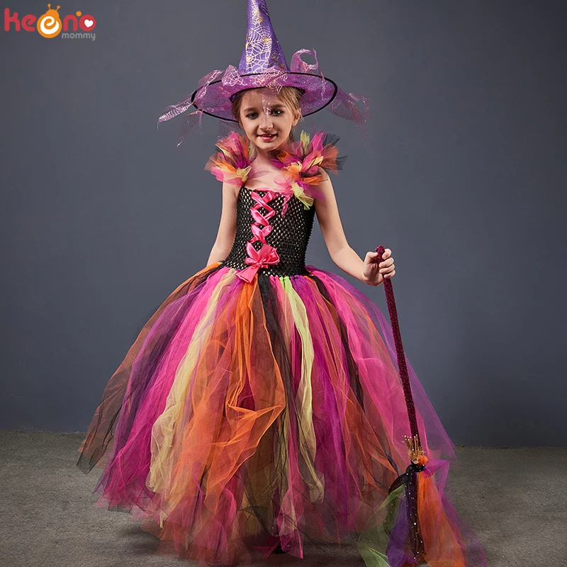 Rainbow Wicked Witch Girls Tutu Dress Kids Evil Halloween Costume Children Carnival Cosplay Party Fancy Pageant Ball Gown Outfit