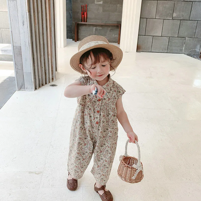 2023 Summer Girls Jumpsuit Korean Version Of Cotton Baby Long Romper Middle And Small Children\'S Casual Sleeveless Clothing