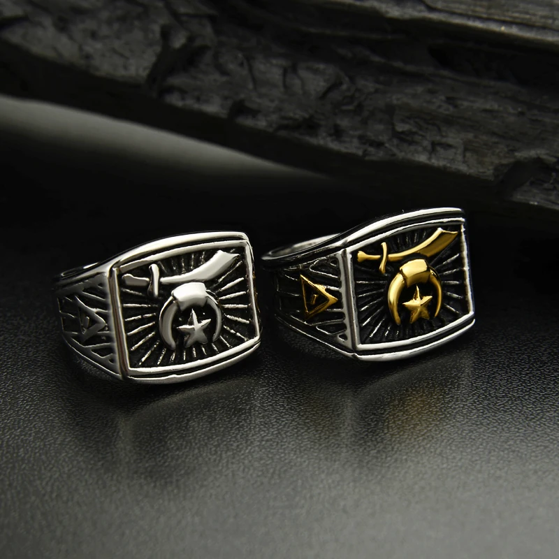 Valily Jewelry Mens Ring Gold Star Moon Sword Islam Ring for Men Stainless Steel Fashion Finger Band Ring Arab Allah Crescent