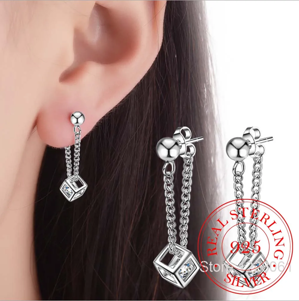 Simple Elegant 925 Sterling Silver Cube Love Window Zirconia Tassel Sugar Earrings For Women brincos oorbellen Best Gift