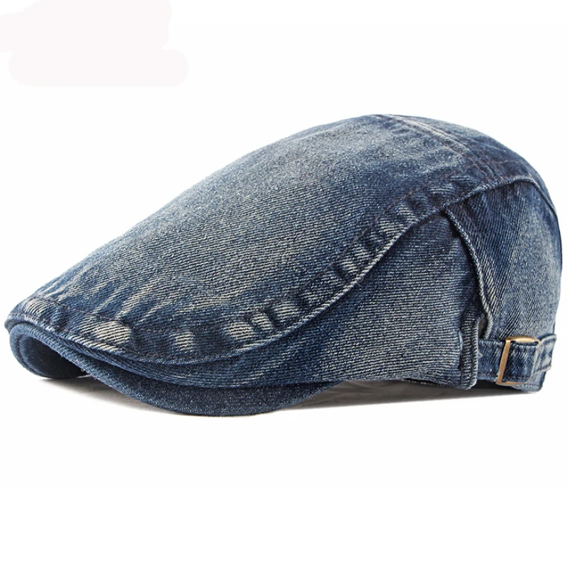 HT3301 Berets Spring Autumn Men Women Cap Hat Retro Denim Beret Cap Artist Painter Beret Hat Adjustable   Flat Cap Men