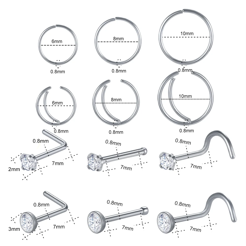 ZS 12pcs Stainless Steel Nose Piercing Rings and Studs Set 6pcs 8mm-10mm Nose Hoop Septum Rings 6pcs L/S/Straight 18G Nose Studs