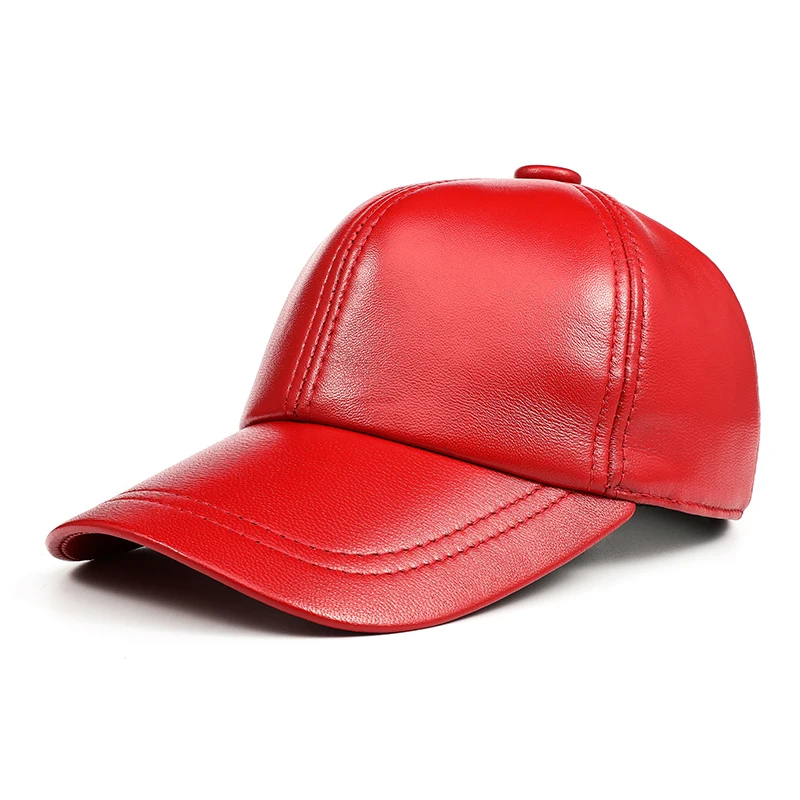 Men Genuine Leather Baseball Caps Women White/Red Simple Casual Dome Hat Male 55-58 cm Ajustable Chapeau Hockey Gorra Big Brim