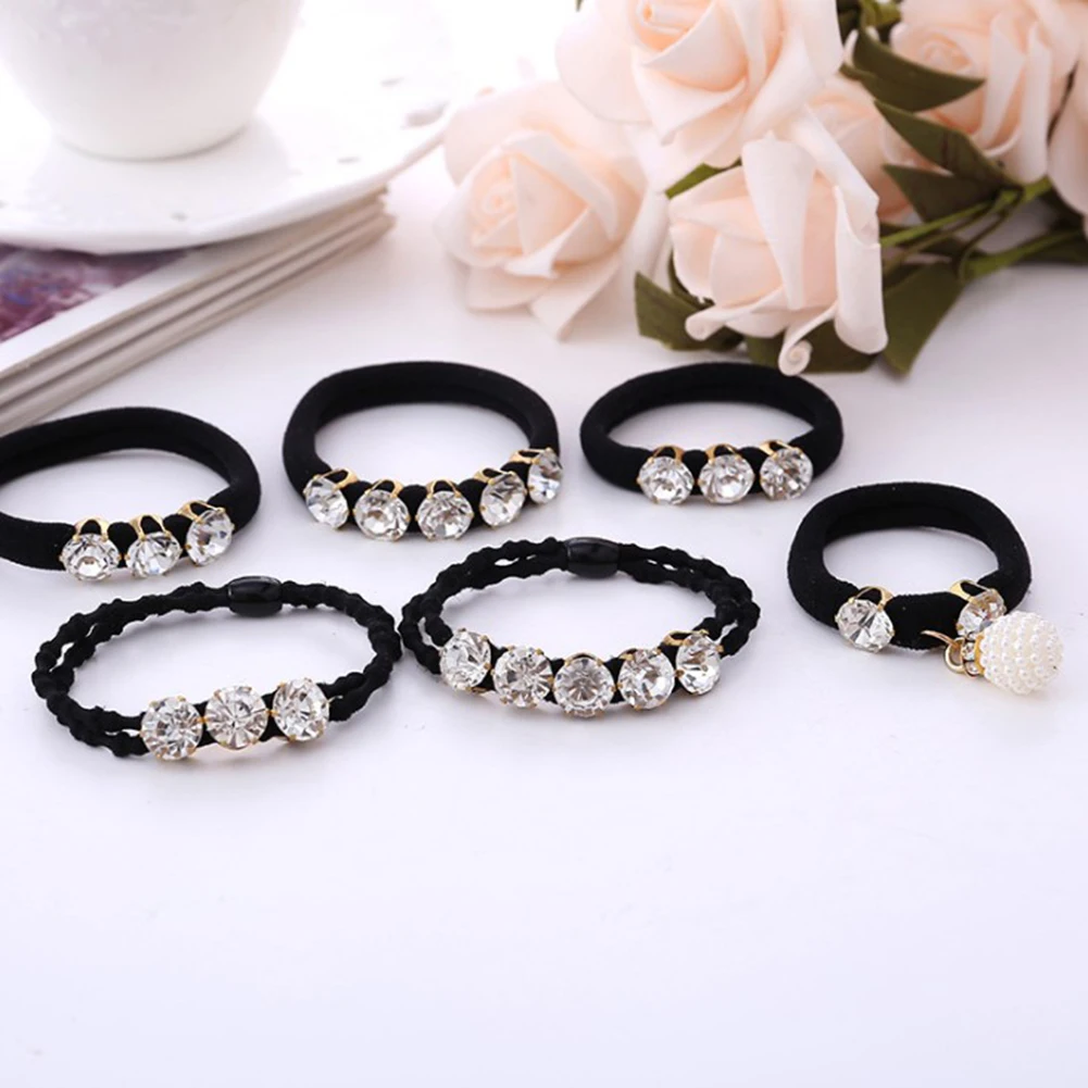 Big Diamonds Hair Ties Black Shiny Rhinestone Seamless Rubber Band Elastic Hair Rope Korean Fashion Hair Ring Hair Accessories