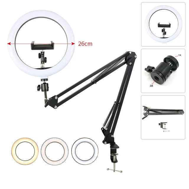 Camera Tripod Table Stand with 10\'\' Dimmable Ring Fill Light Aluminum Control Tripod Stand for Youtube Live Photo Studio Video