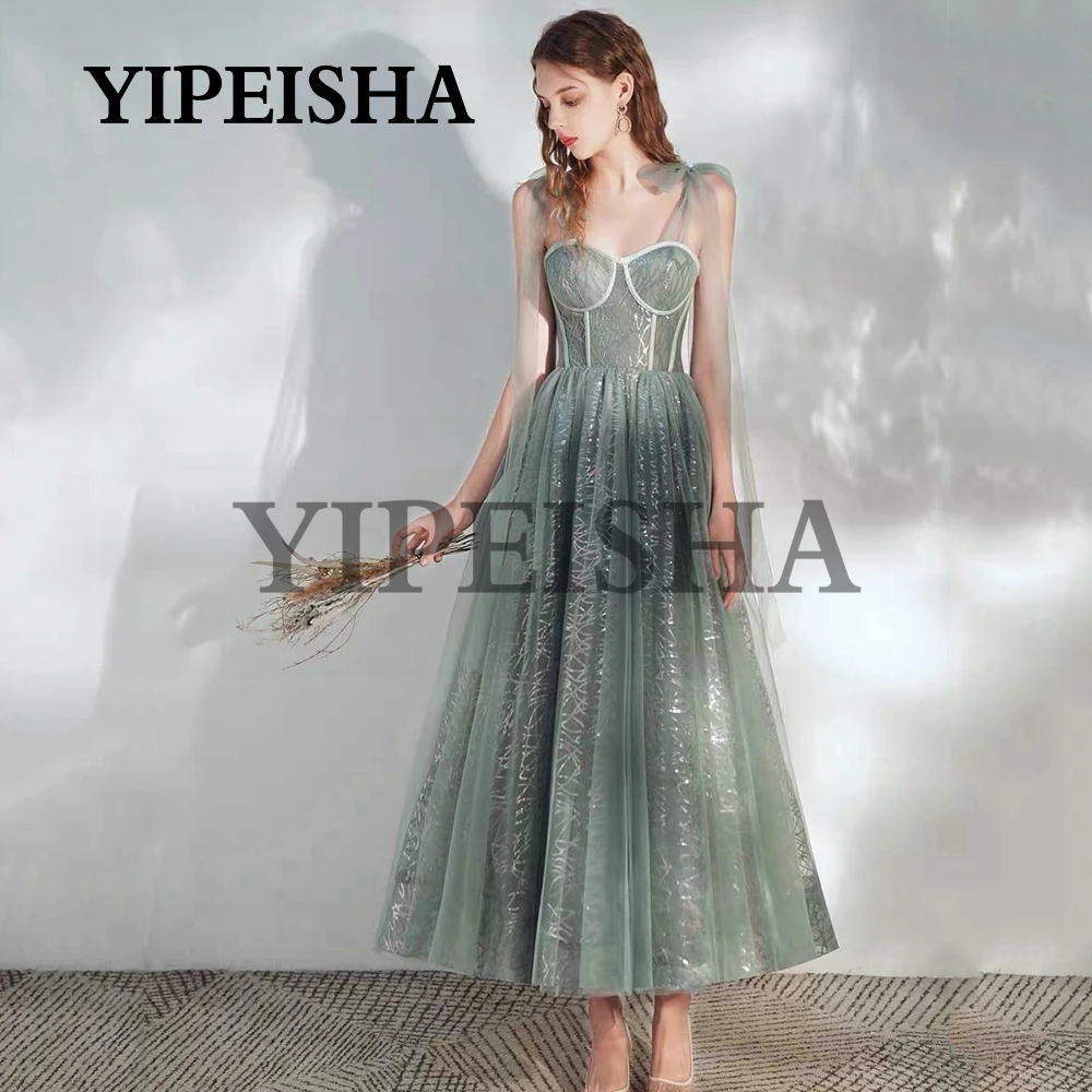 Vestidos de noche con lentejuelas brillantes, escote Corazón, Espalda descubierta, tirantes finos, verde salvia, para fiesta de graduación