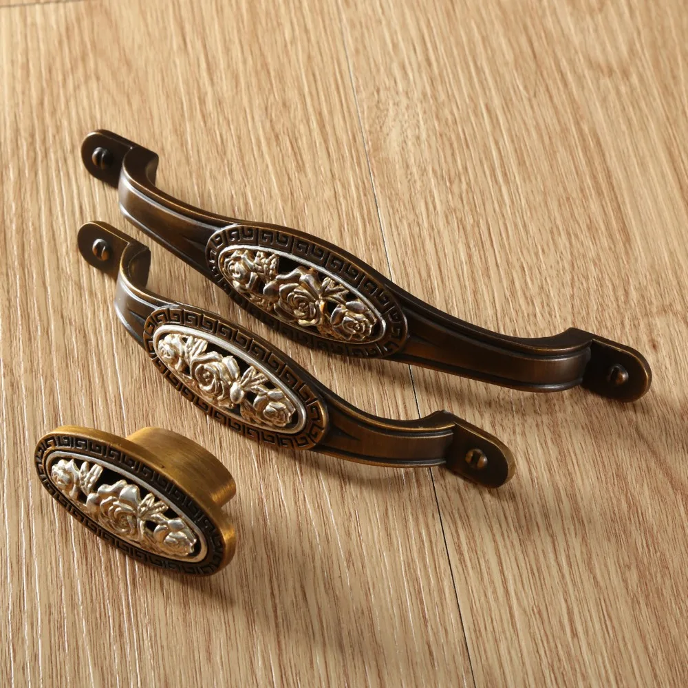 Antique Rose Flower Carved Door Knobs Furniture Kitchen Cabinet Drawer Wardrobe Closet Cupboard Pull Handle Single Hole/96/128mm