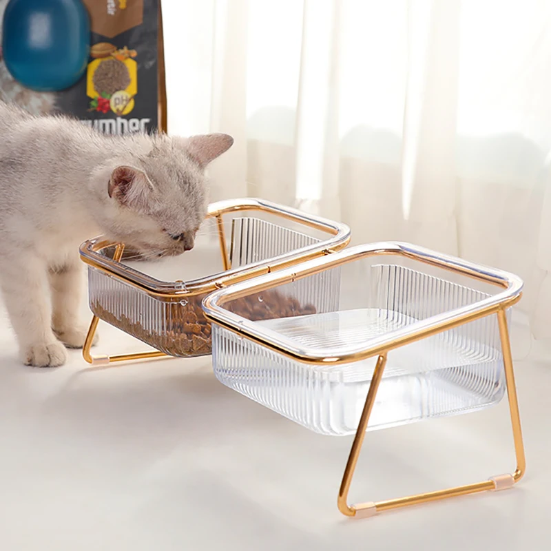 Pet Double Bowl Transparent High Foot Cat Bowl Drink water Cat Food With Golden Stand Raised Water Feeder Dog Bowl Supplies