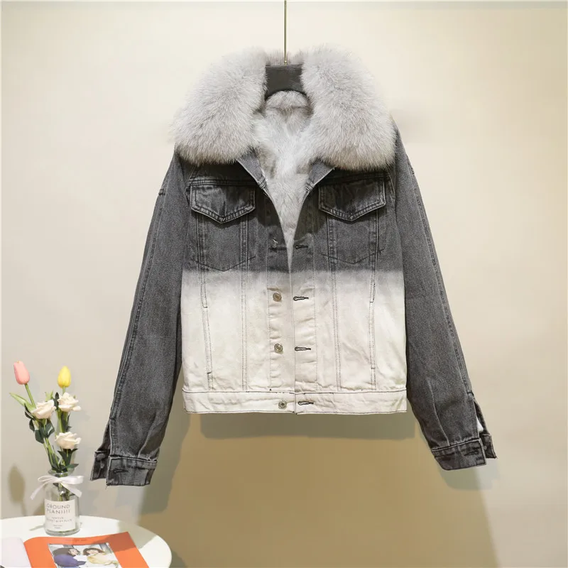 2023 new winter fox fur collar loose thick Parkas fashion embroidery contrast gradient color jacket short denim coat for women