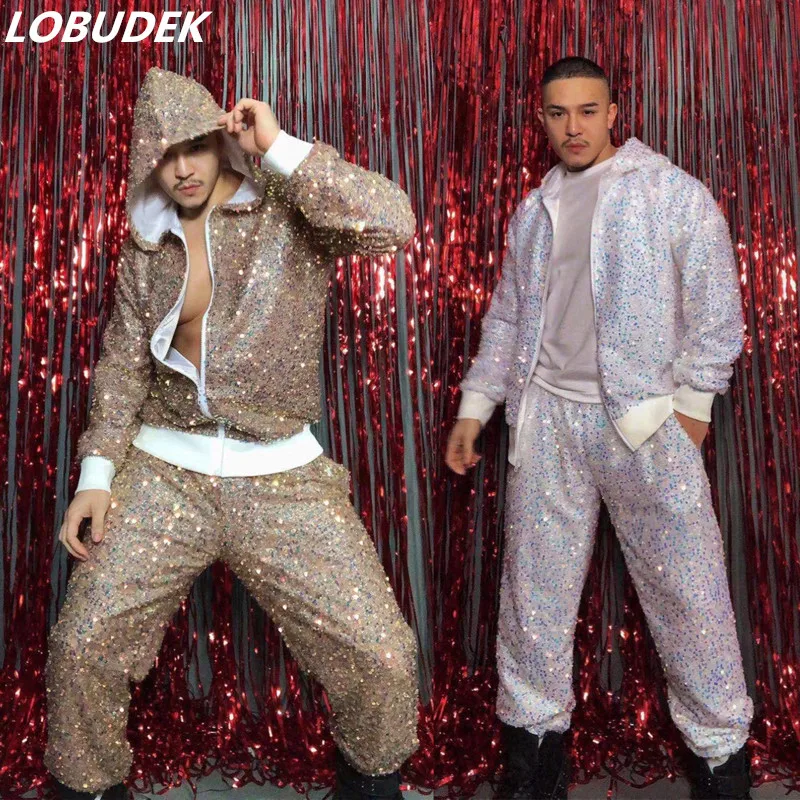 Glitter Sequins Hooded Zippers Jacket Pants Suit Men's 2 Pieces Set Male Rap Singer Rock HIP HOP Dancer Performance Costume