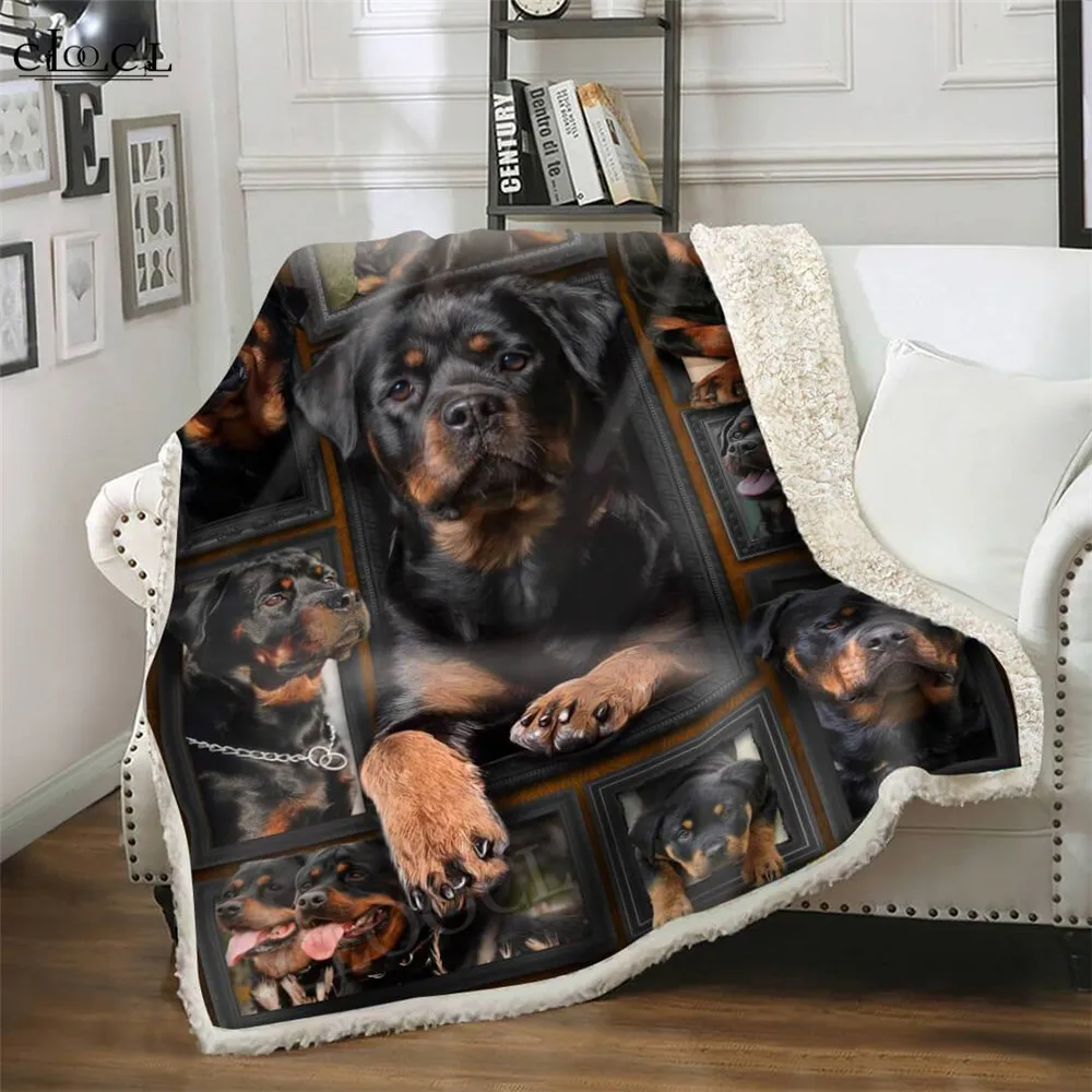 

HXCute Rottweiler Throw Blanket 3D Graphic Animals Dogs Photo Frame Splicing Double Layer Blanket Keep Warm Plush Quilts