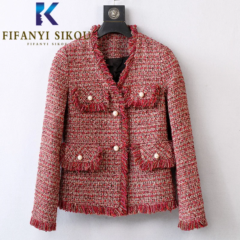 Red Tweed Jacket Women Short Coat V-Neck Tassel Fashion Winter Warm Plaid Woolen Jacket Ladies Elegant Chic Jackets High Quality