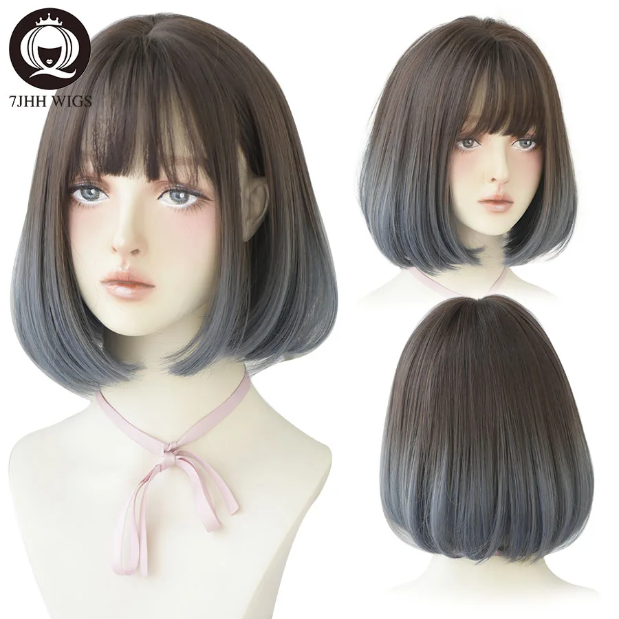 7JHH Omber Purple Ash Hari With Bangs Remy Short Blonde Peruki Dla Kobiet Bob Żaroodporna Bezklejowa Peruka Syntetyczna Hurtownia