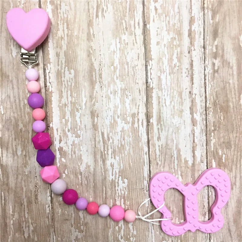 Chenkai 50PCS Silicone Heart Teether Clips DIY Baby Pacifier Dummy Soother Nursing Jewelry Toy Chain Holder Clips 2 holes