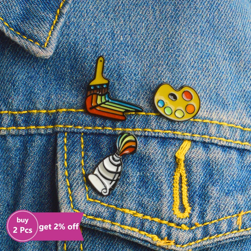 3pcs/set Painting Tools Enamel Pin Paint Pigment Palette Brush Pin Brooch Lapel Pin Buckle Badge Gift for Friend Kid Wholesale