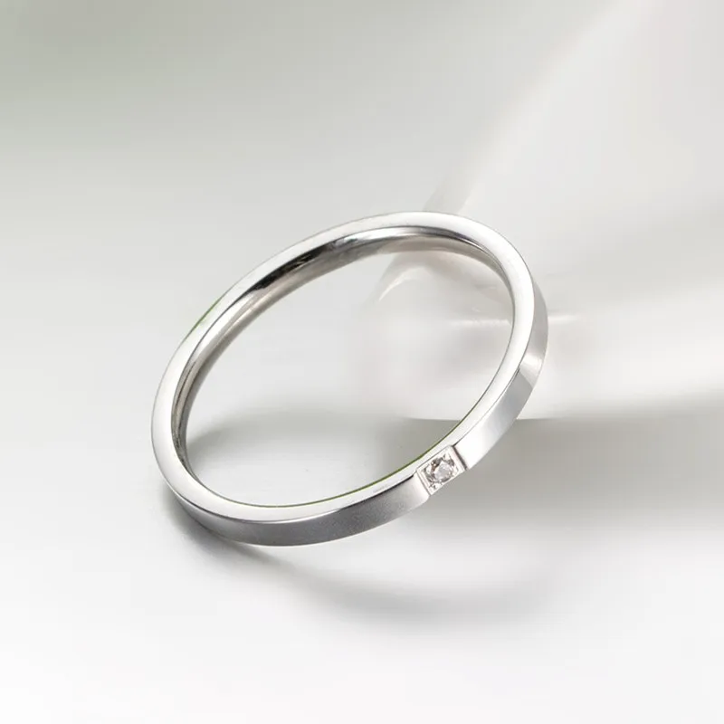 2mm Thin Stackable Ring Stainless Steel Single CZ Wedding Band for Women Girl Size 3-10